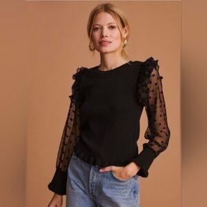 Anthropologie/Maeve Knit and Tulle Top Polka Dot Sheer Sleeves Womens Medium